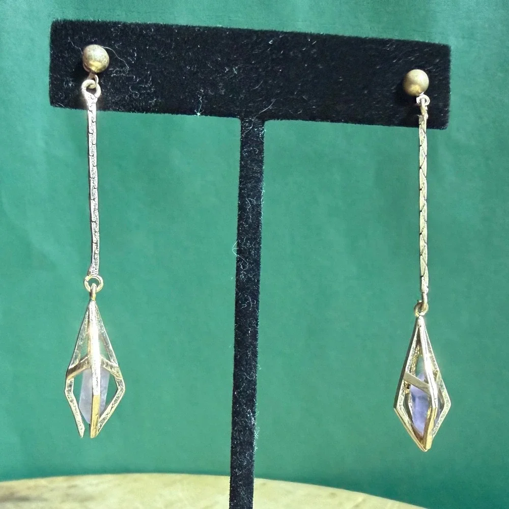 Amethyst Crystal Point Cage Drop Earrings Gold Tone Witchy Whimsigoth Pagan Gift